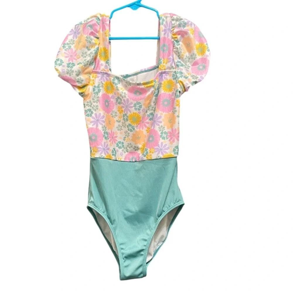 Wonder Nation Floral and Aqua Kids Swim One Piece